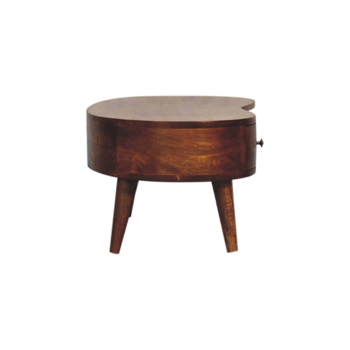 Mini Solid Mango Wood Coffee Table – Chestnut Finish, Rounded Drawer & Open Shelf