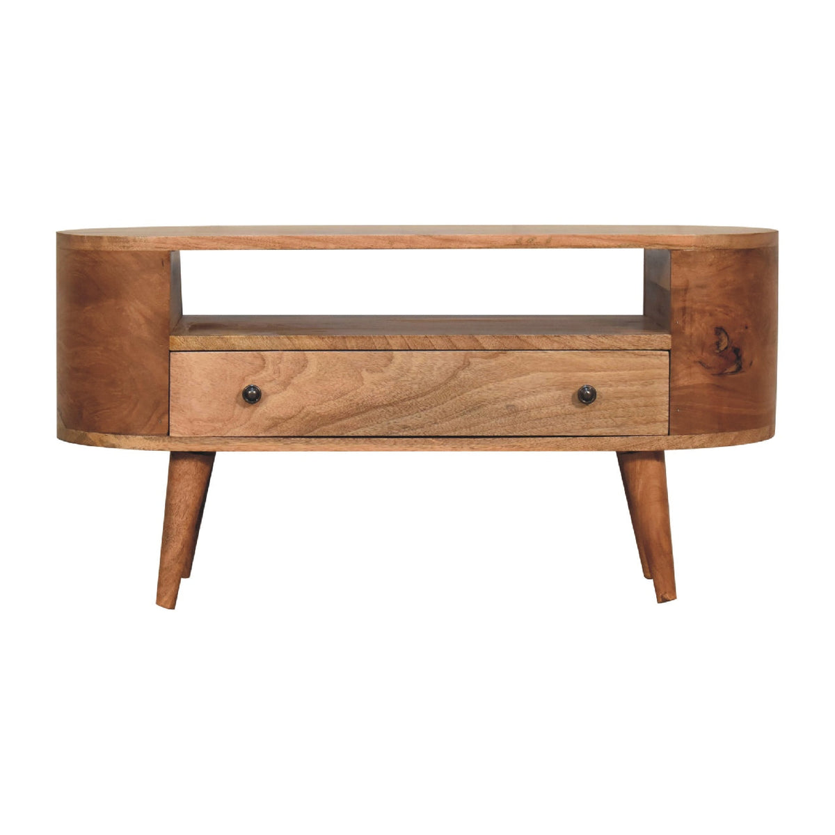 Mini Rounded Solid Mango Wood Media Unit – Oak-Ish Finish, 4 Drawers & 2 Open Slots