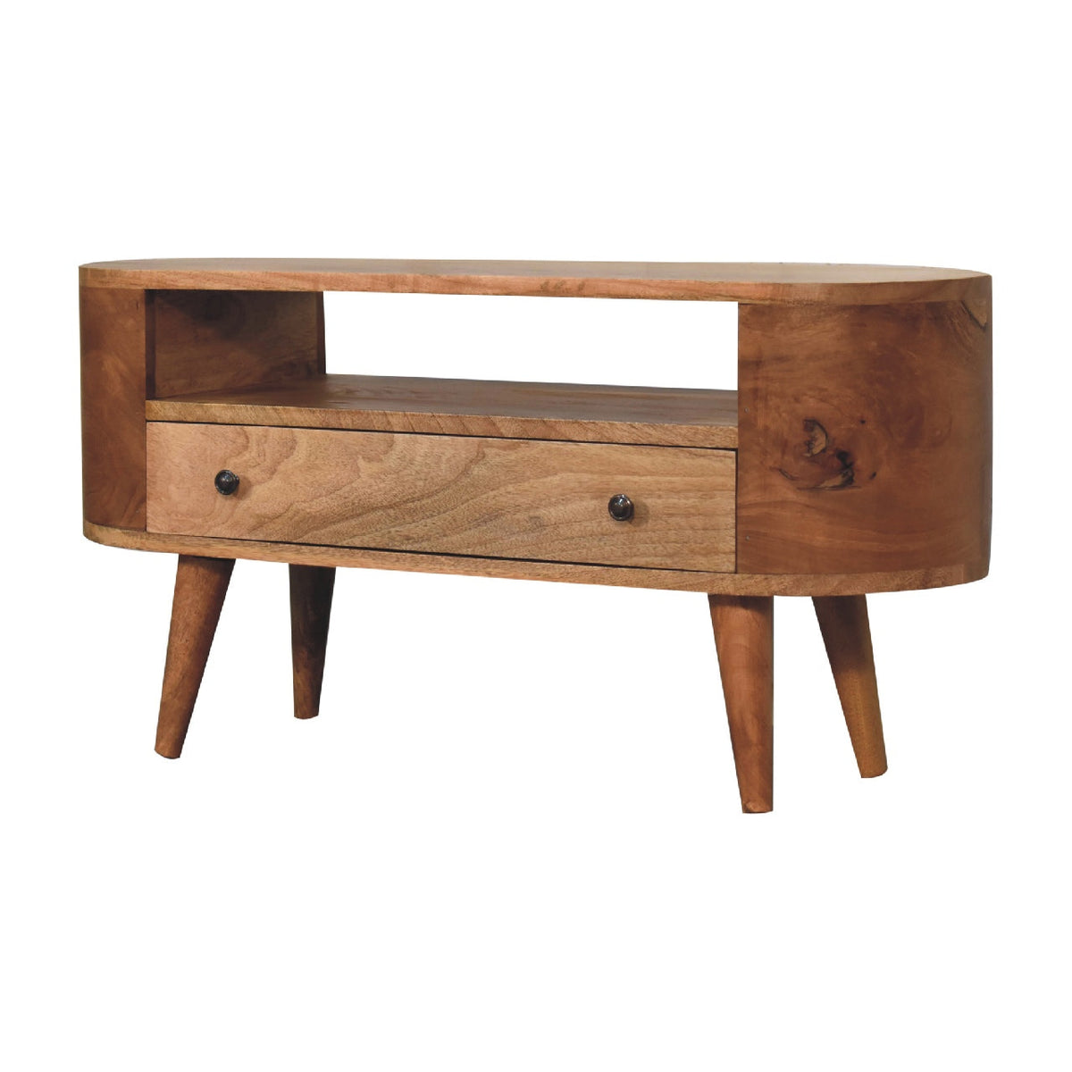 Mini Rounded Solid Mango Wood Media Unit – Oak-Ish Finish, 4 Drawers & 2 Open Slots