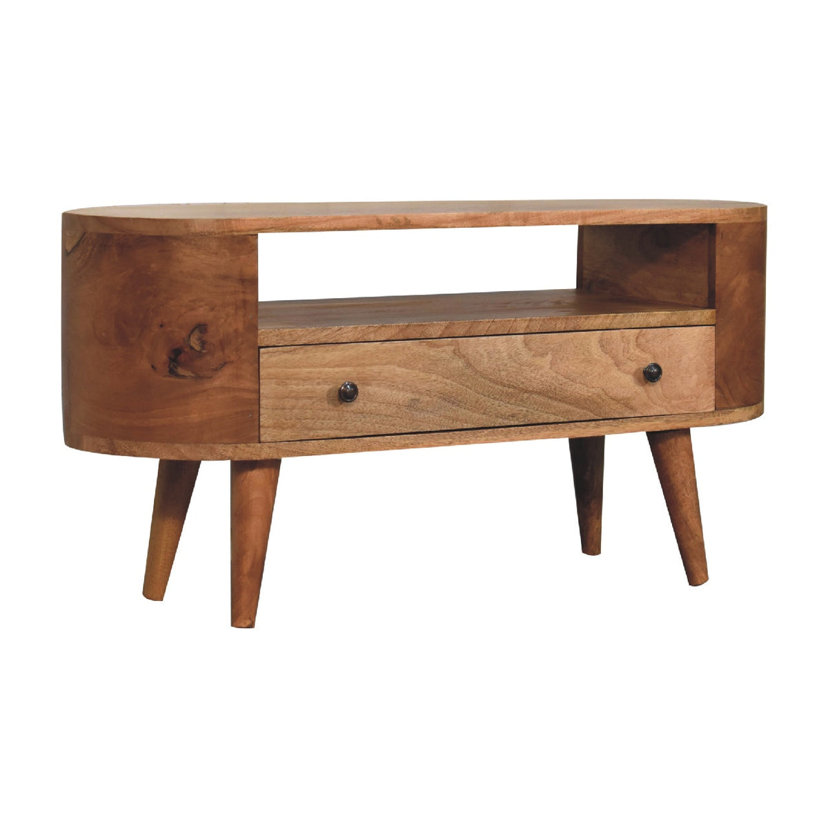 Mini Rounded Solid Mango Wood Media Unit – Oak-Ish Finish, 4 Drawers & 2 Open Slots