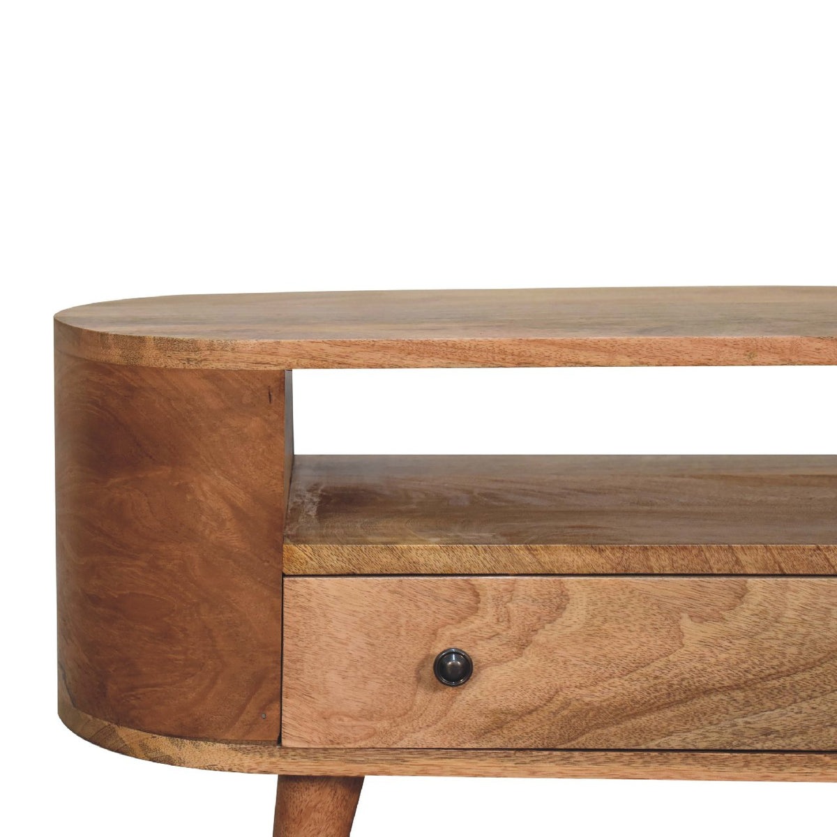 Mini Rounded Solid Mango Wood Media Unit – Oak-Ish Finish, 4 Drawers & 2 Open Slots