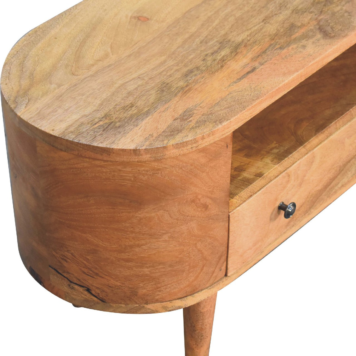 Mini Rounded Solid Mango Wood Media Unit – Oak-Ish Finish, 4 Drawers & 2 Open Slots