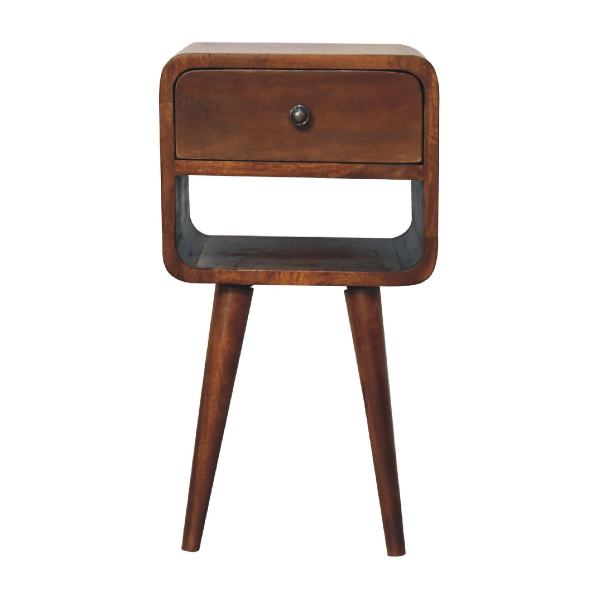 Mini Curved Solid Mango Wood Nightstand – Chestnut Finish, Drawer & Lower Shelf