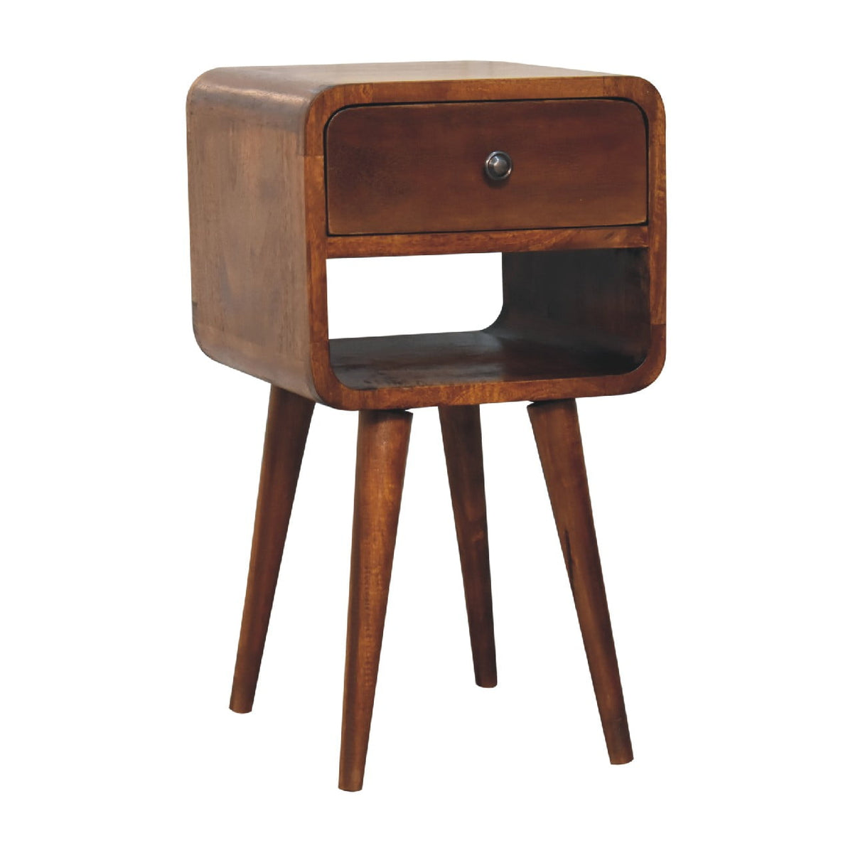 Mini Curved Solid Mango Wood Nightstand – Chestnut Finish, Drawer & Lower Shelf