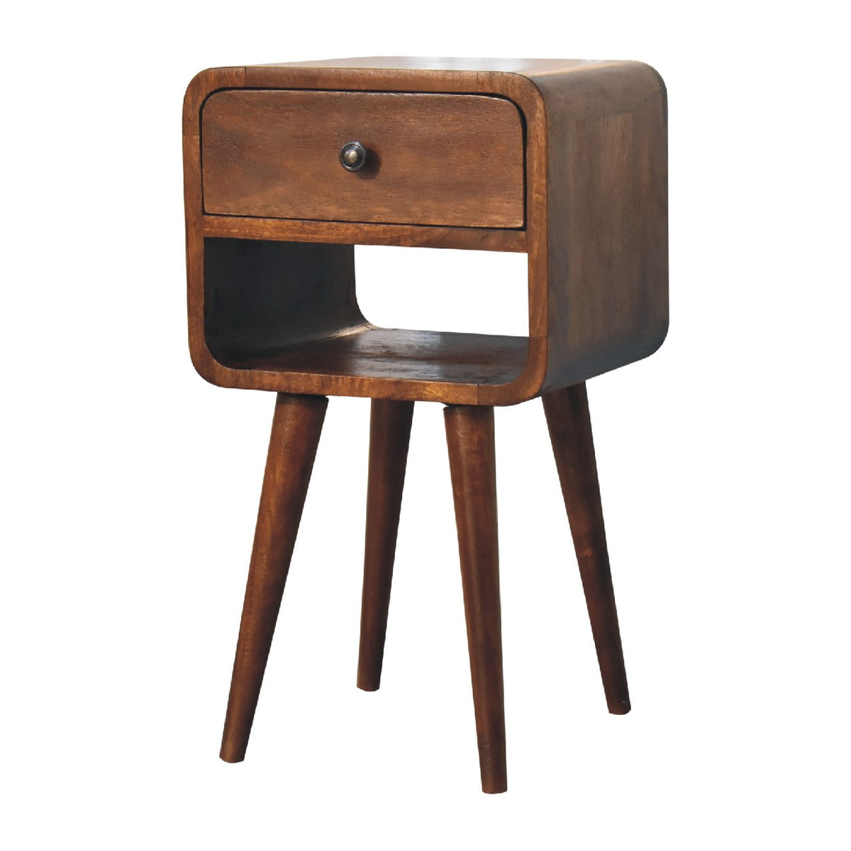 Mini Curved Solid Mango Wood Nightstand – Chestnut Finish, Drawer & Lower Shelf