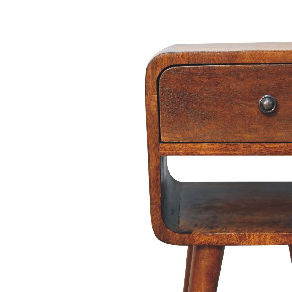 Mini Curved Solid Mango Wood Nightstand – Chestnut Finish, Drawer & Lower Shelf