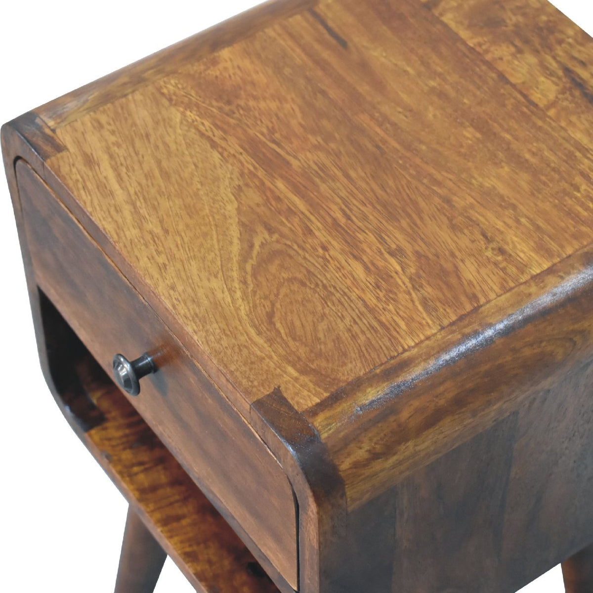 Mini Curved Solid Mango Wood Nightstand – Chestnut Finish, Drawer & Lower Shelf