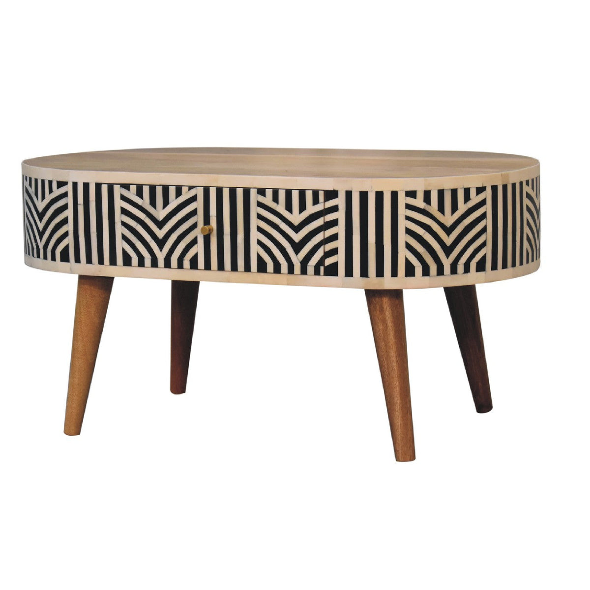 Edessa Solid Mango Wood Coffee Table – Oak-Ish Finish, Bone Inlay Drawer