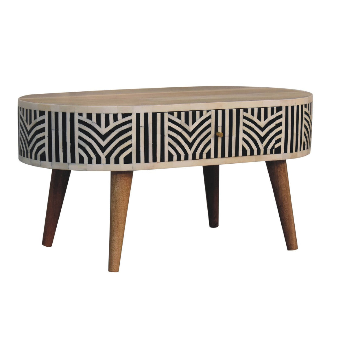 Edessa Solid Mango Wood Coffee Table – Oak-Ish Finish, Bone Inlay Drawer
