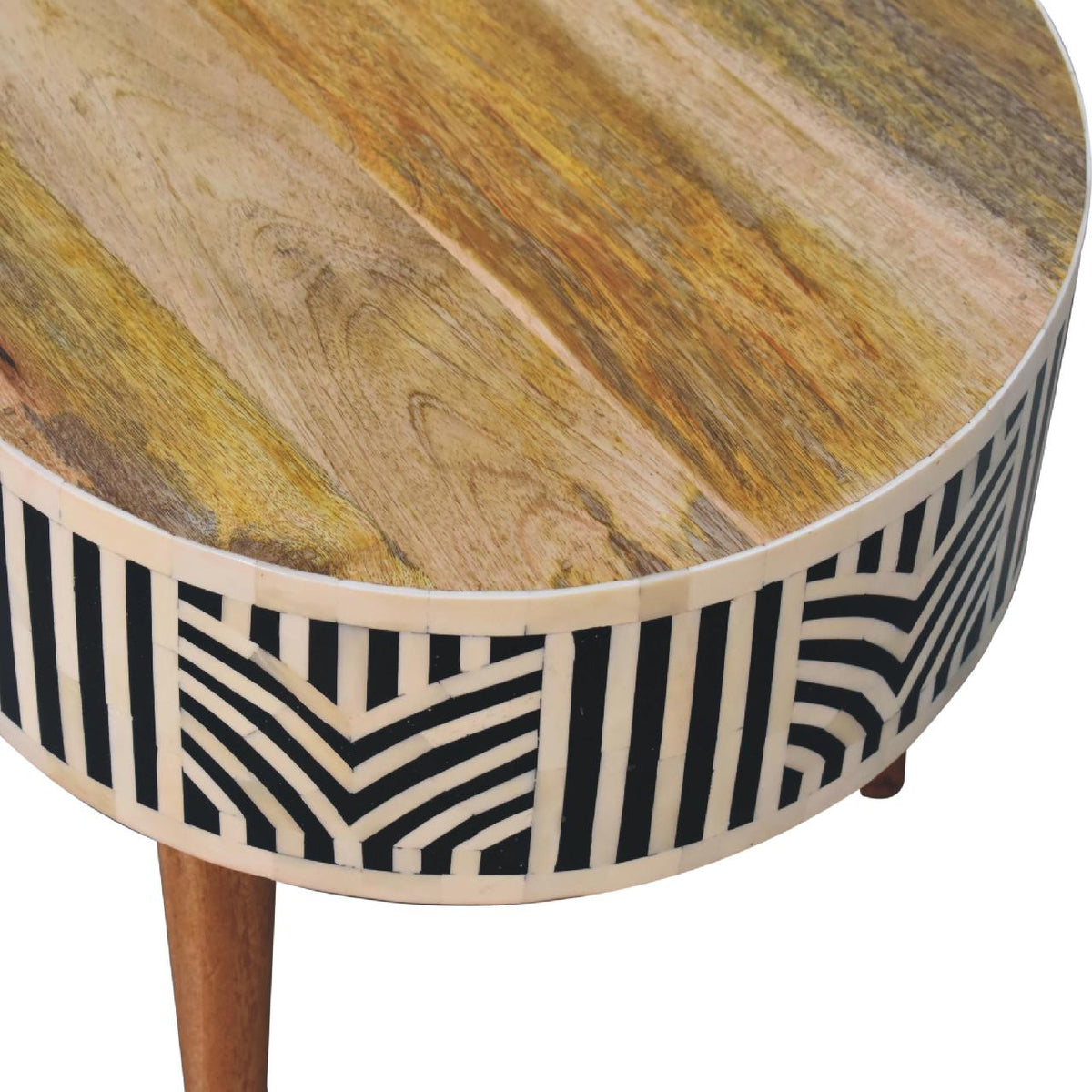 Edessa Solid Mango Wood Coffee Table – Oak-Ish Finish, Bone Inlay Drawer