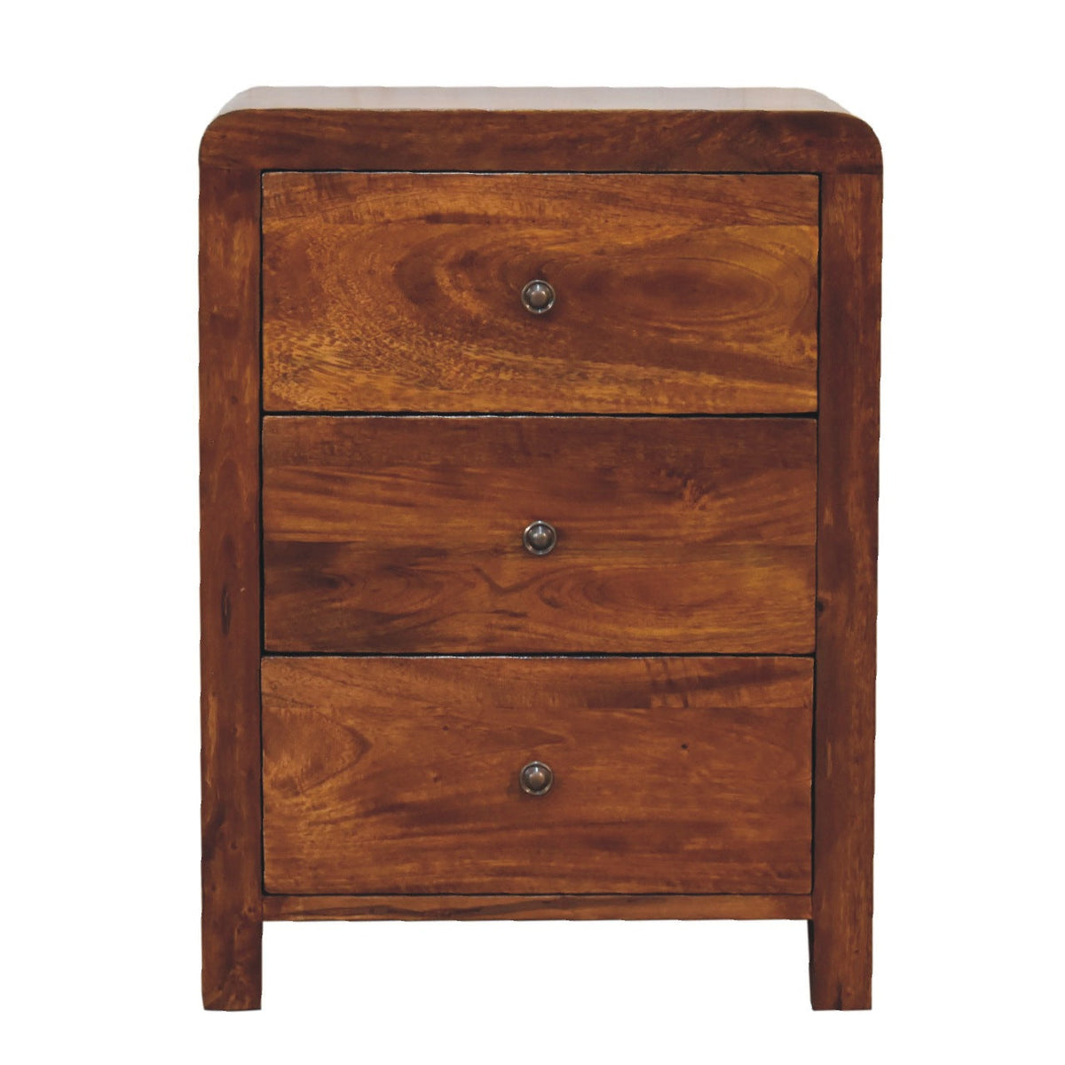 Naya Solid Mango Wood 3-Drawer Nightstand – Chestnut Finish