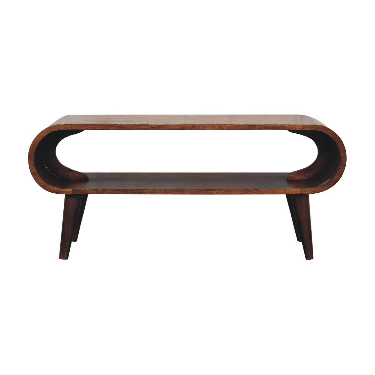Amaya Nordic Solid Mango Wood Coffee Table – Chestnut Finish, Rounded Open Design