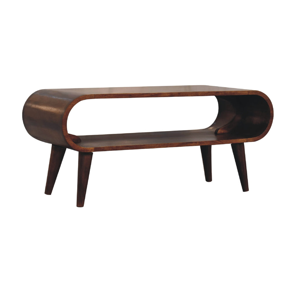 Amaya Nordic Solid Mango Wood Coffee Table – Chestnut Finish, Rounded Open Design