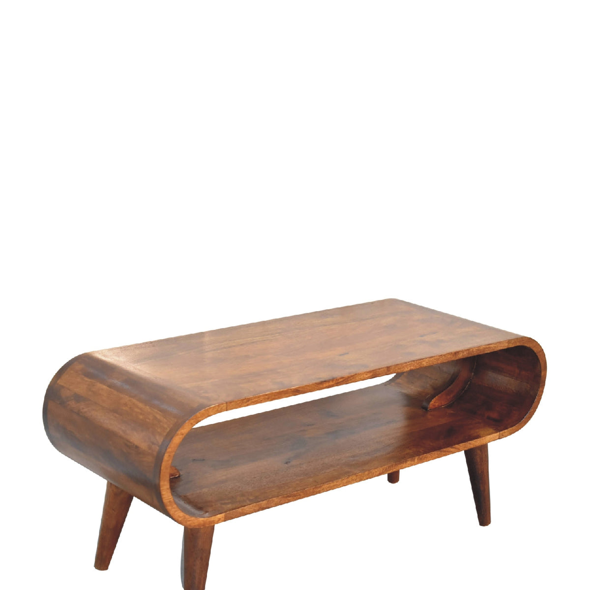 Amaya Nordic Solid Mango Wood Coffee Table – Chestnut Finish, Rounded Open Design
