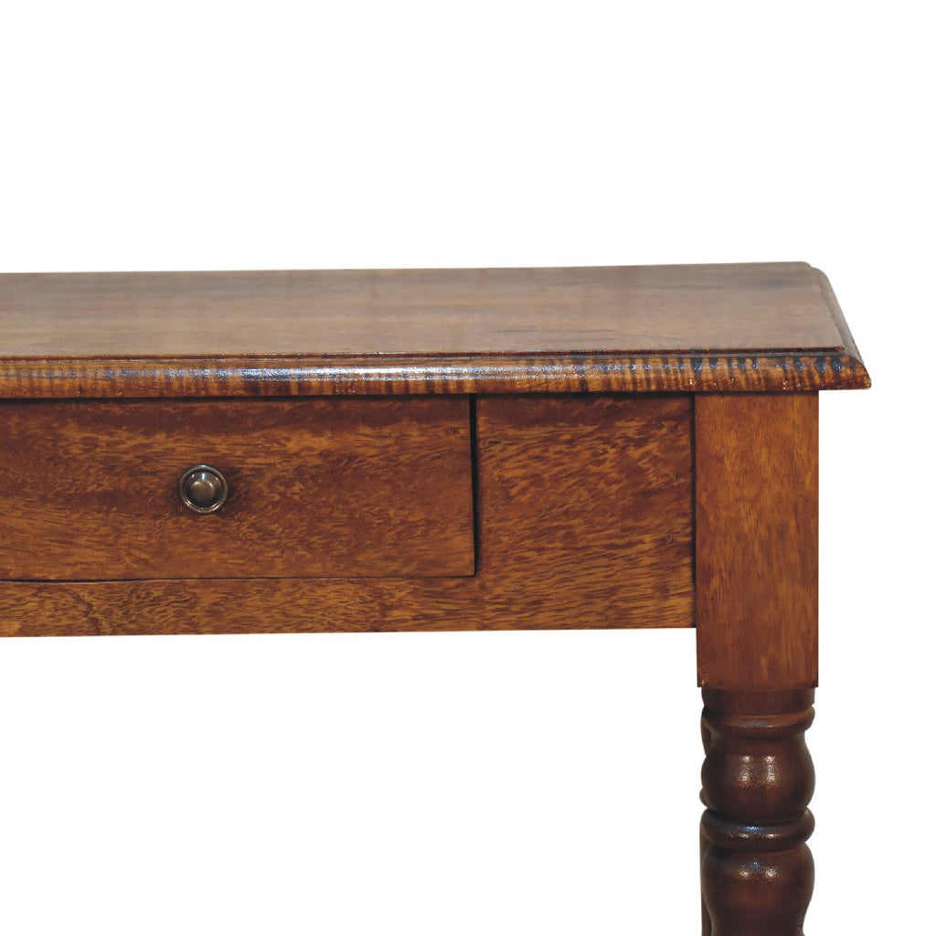 Solid Mango Wood Writing Desk – Chestnut Finish, 1 Drawers & Turned Fluted Legs