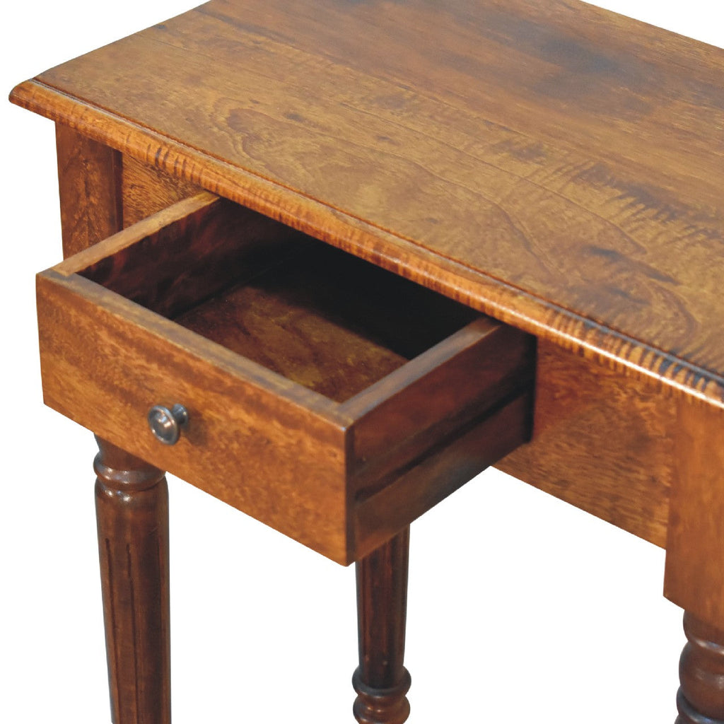 Solid Mango Wood Writing Desk – Chestnut Finish, 1 Drawers & Turned Fluted Legs