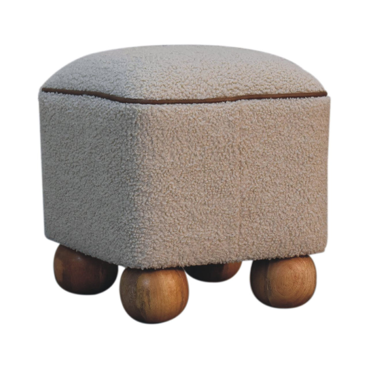 Serenity Cotton Footstool – Buffalo Leather Piping & Oak-Ish Mango Wood Ball Feet