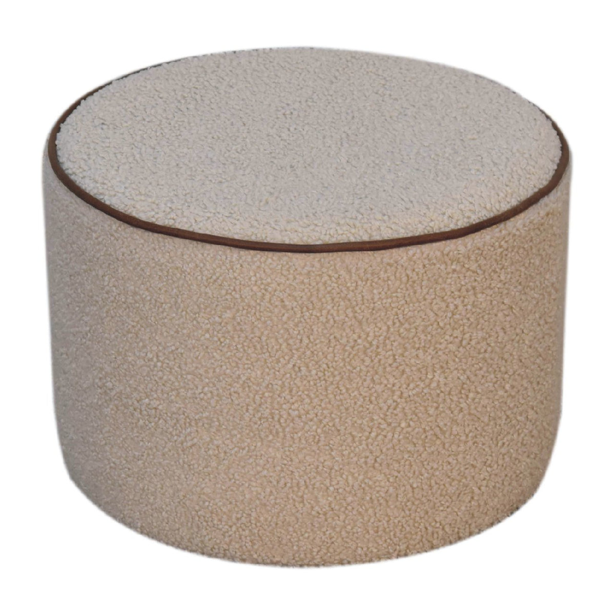 Serenity Round Bouclé Footstool – Snow White, Buffalo Leather Piping