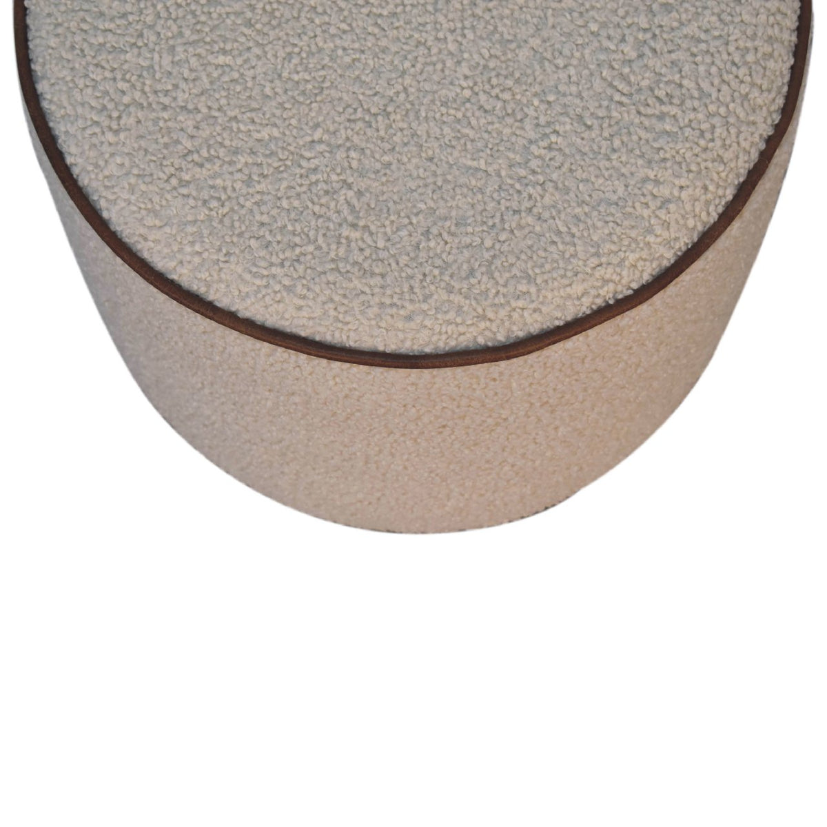 Serenity Round Bouclé Footstool – Snow White, Buffalo Leather Piping