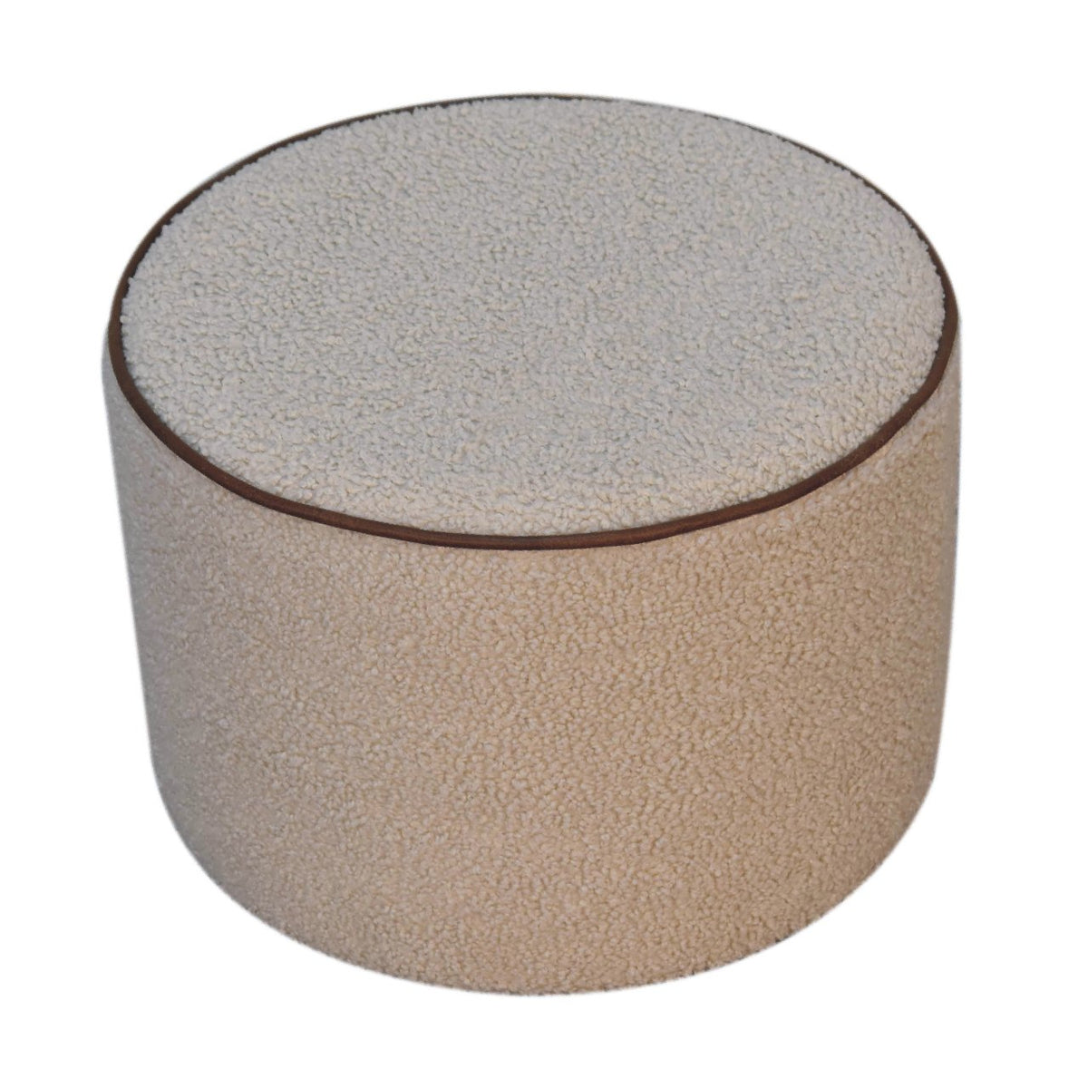 Serenity Round Bouclé Footstool – Snow White, Buffalo Leather Piping