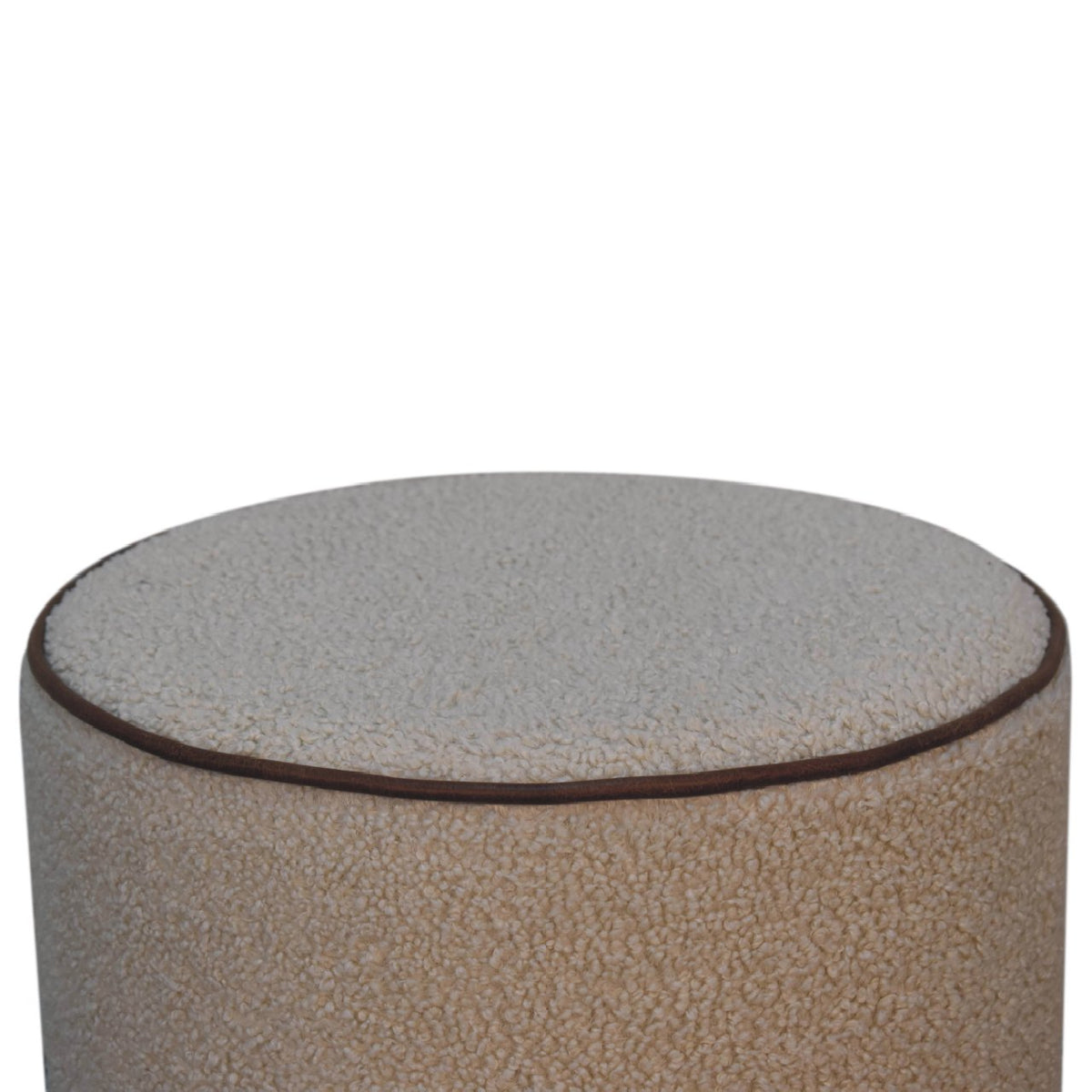Serenity Round Bouclé Footstool – Snow White, Buffalo Leather Piping