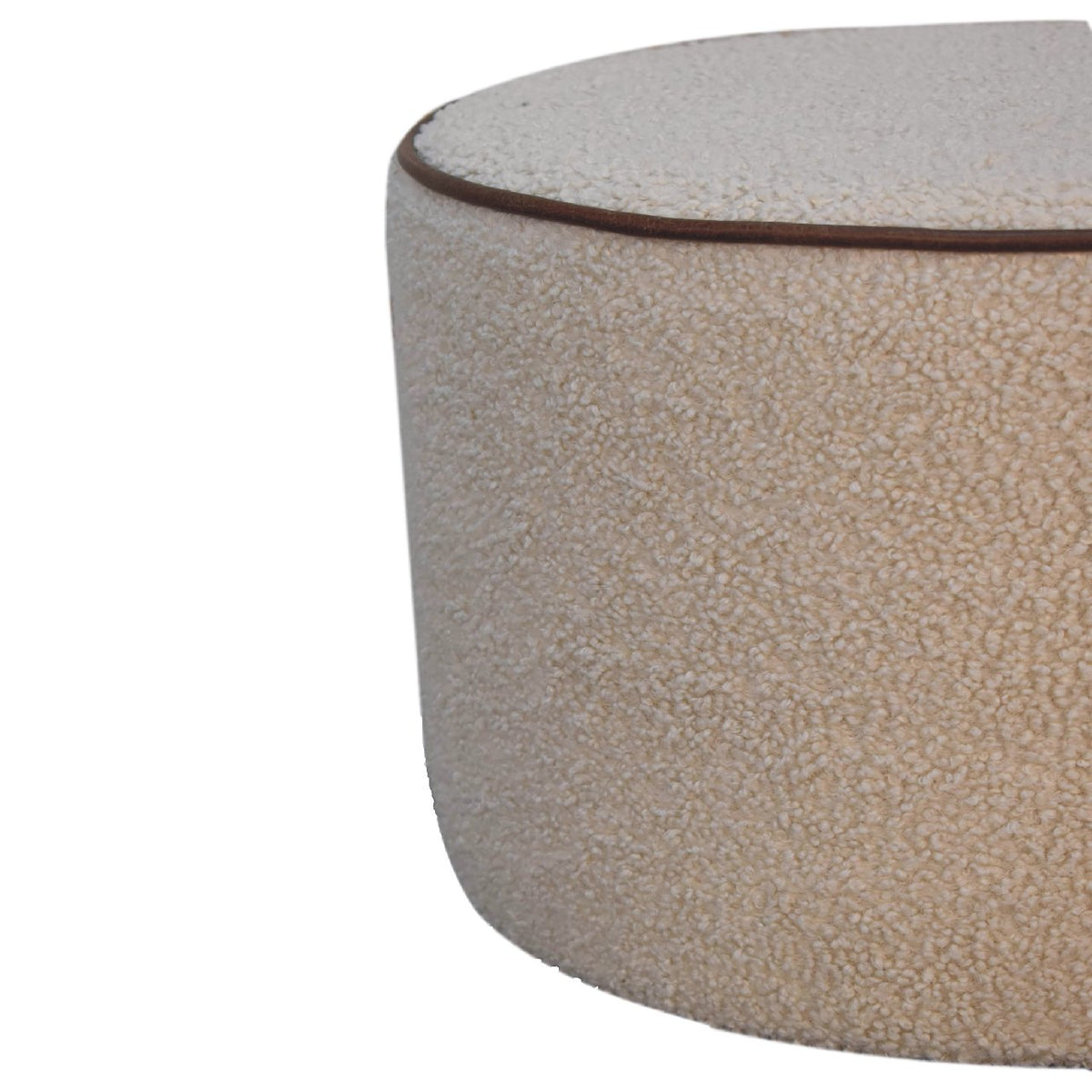 Serenity Round Bouclé Footstool – Snow White, Buffalo Leather Piping