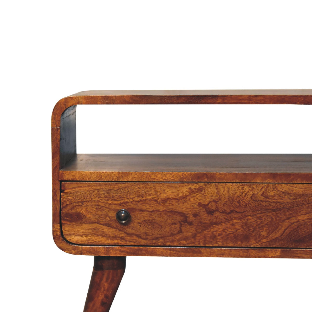 Mini Curved Solid Mango Wood Media Unit – Chestnut Finish