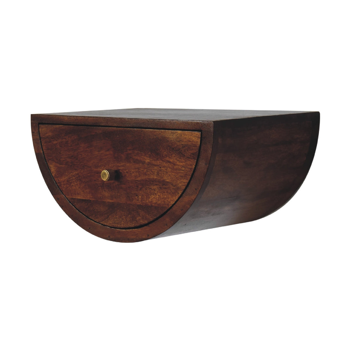 Solid Mango Wood Floating Nightstand – Chestnut Finish, Crescent 1-Drawer Design