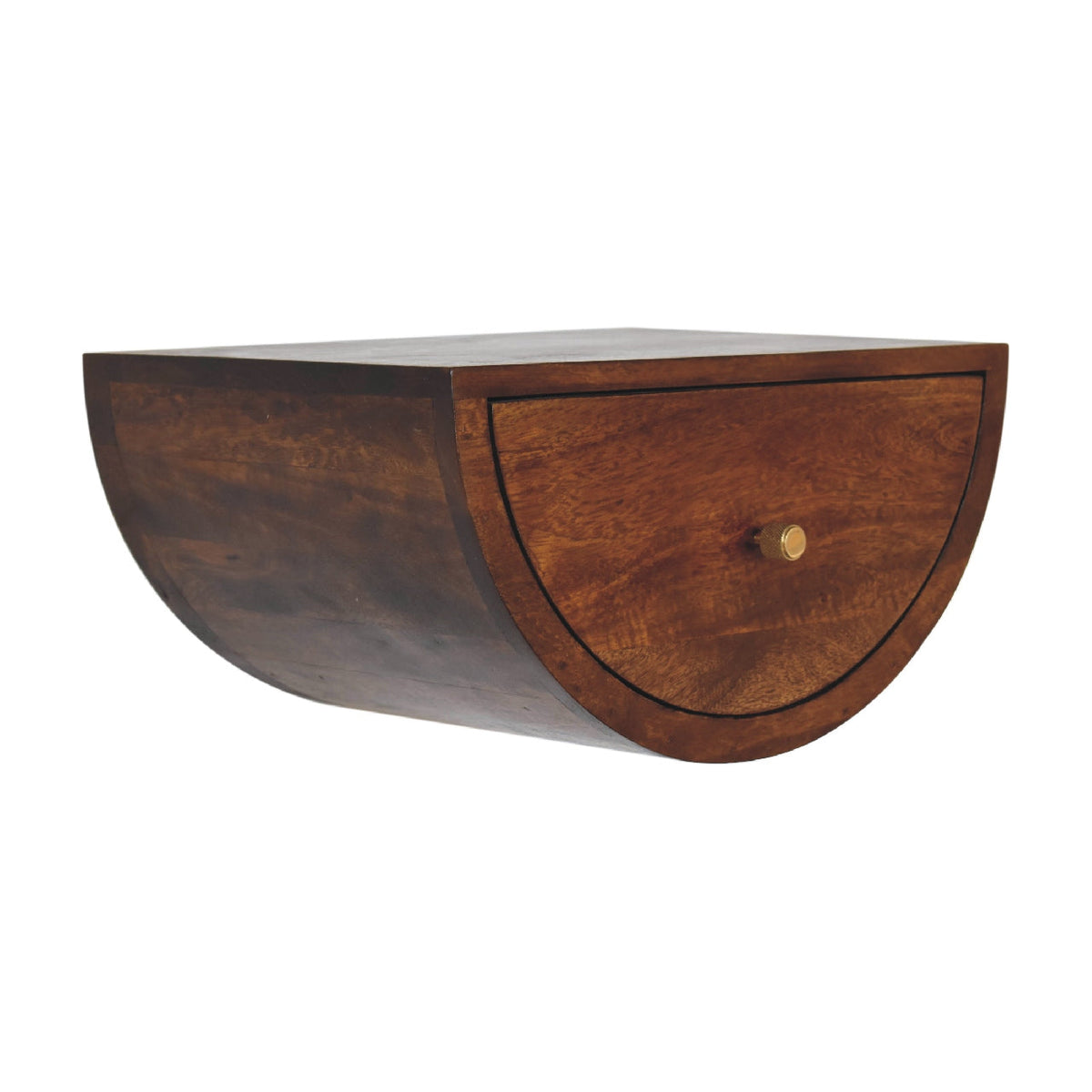 Solid Mango Wood Floating Nightstand – Chestnut Finish, Crescent 1-Drawer Design