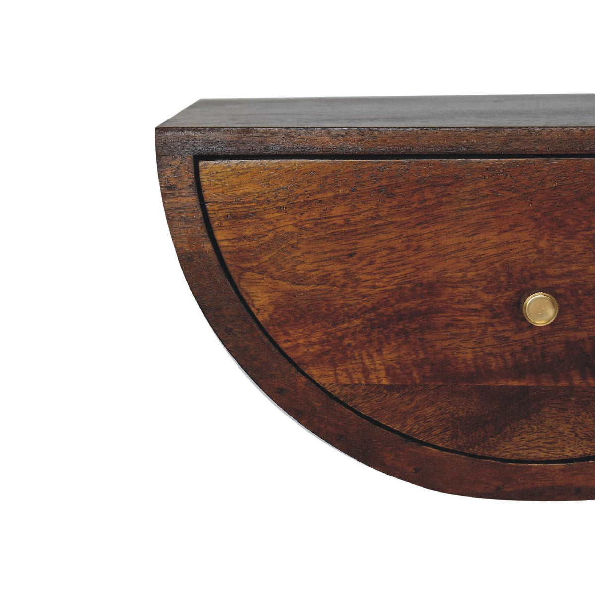 Solid Mango Wood Floating Nightstand – Chestnut Finish, Crescent 1-Drawer Design