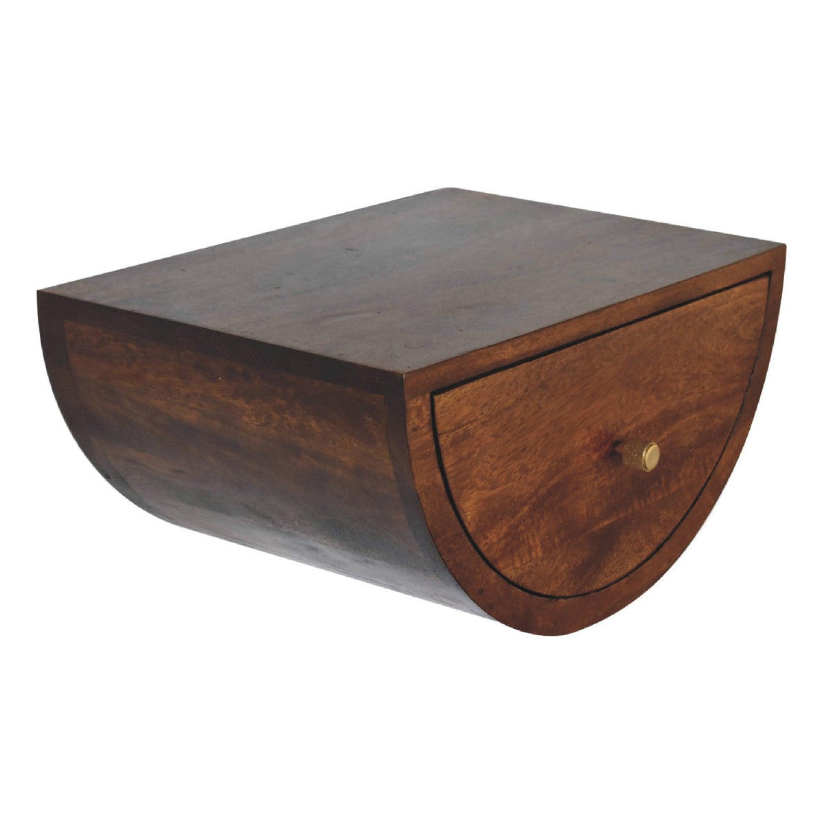 Solid Mango Wood Floating Nightstand – Chestnut Finish, Crescent 1-Drawer Design