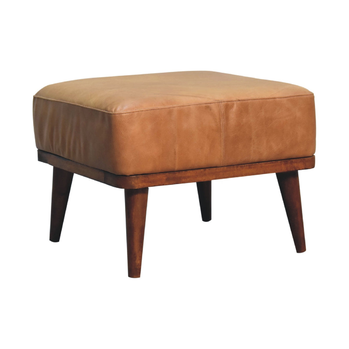 Tan Buffalo Leather Footstool – Chestnut Mango Wood Legs