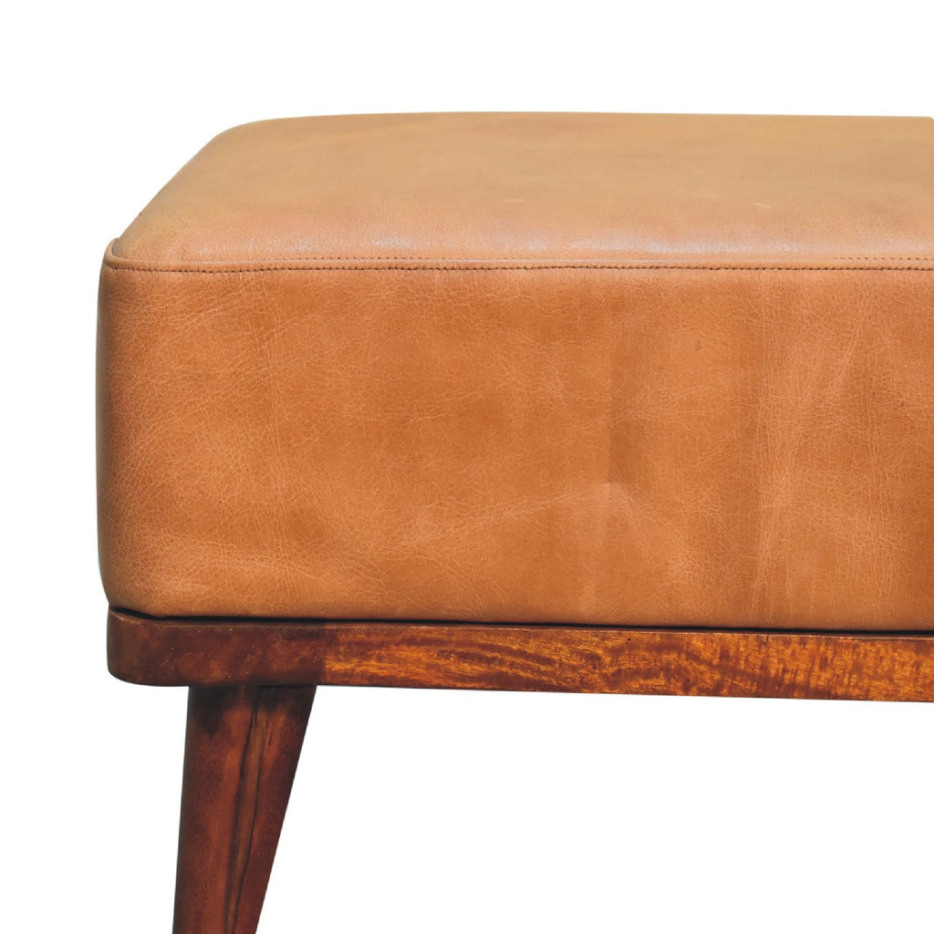 Tan Buffalo Leather Footstool – Chestnut Mango Wood Legs