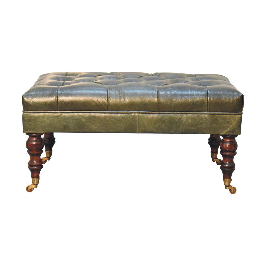 Green Buffalo Leather Ottoman – Button Tufting & Light Walnut Castor Legs