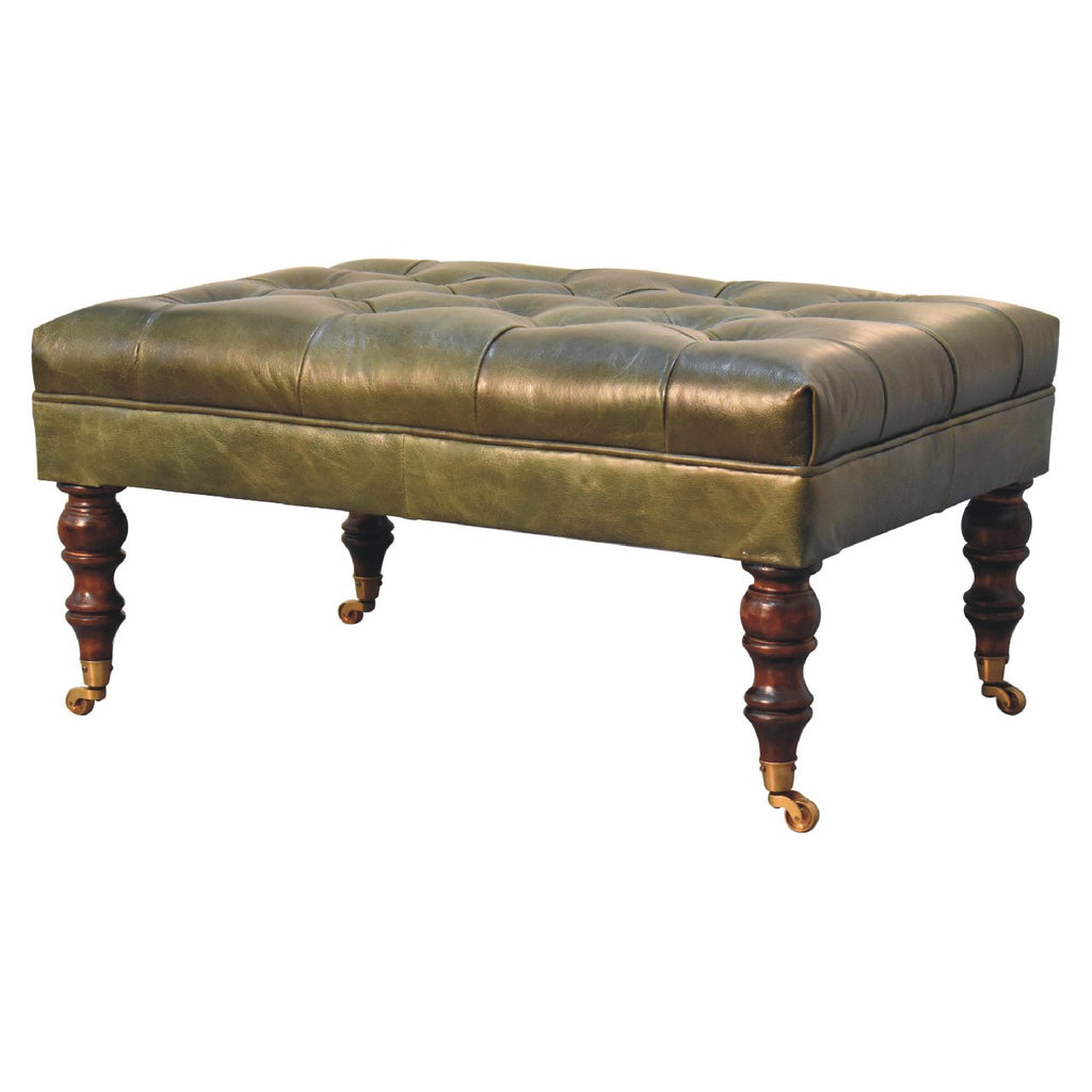 Green Buffalo Leather Ottoman – Button Tufting & Light Walnut Castor Legs
