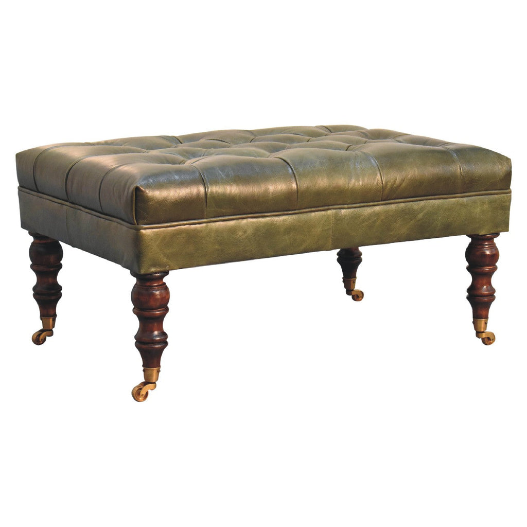 Green Buffalo Leather Ottoman – Button Tufting & Light Walnut Castor Legs