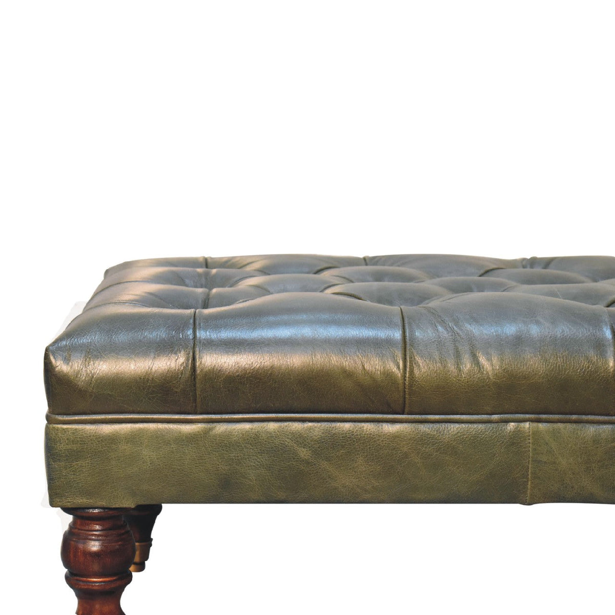 Green Buffalo Leather Ottoman – Button Tufting & Light Walnut Castor Legs