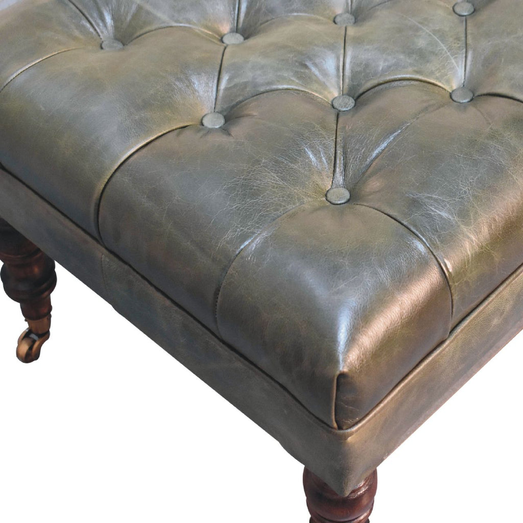 Green Buffalo Leather Ottoman – Button Tufting & Light Walnut Castor Legs