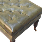 Green Buffalo Leather Ottoman – Button Tufting & Light Walnut Castor Legs
