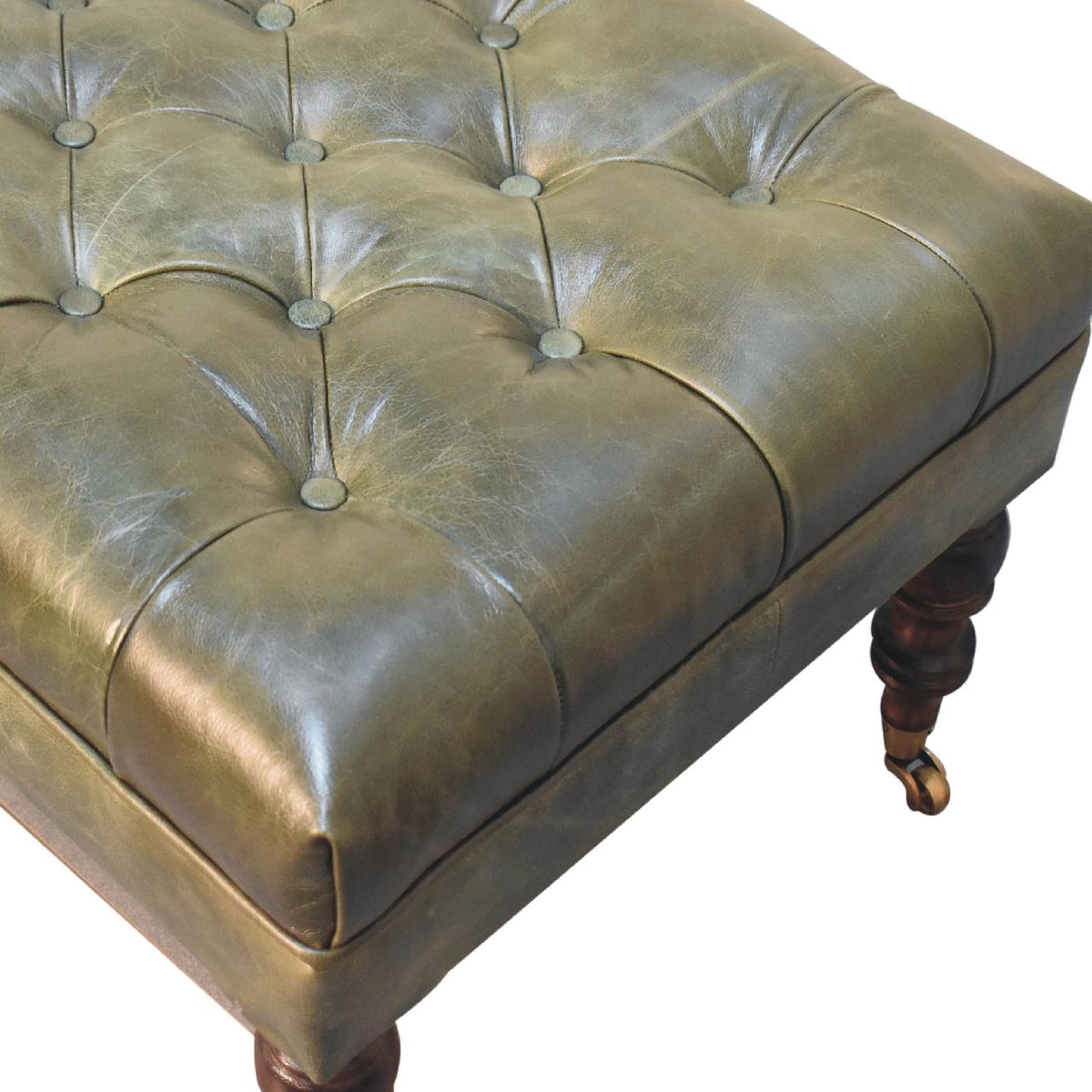Green Buffalo Leather Ottoman – Button Tufting & Light Walnut Castor Legs