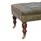 Green Buffalo Leather Ottoman – Button Tufting & Light Walnut Castor Legs
