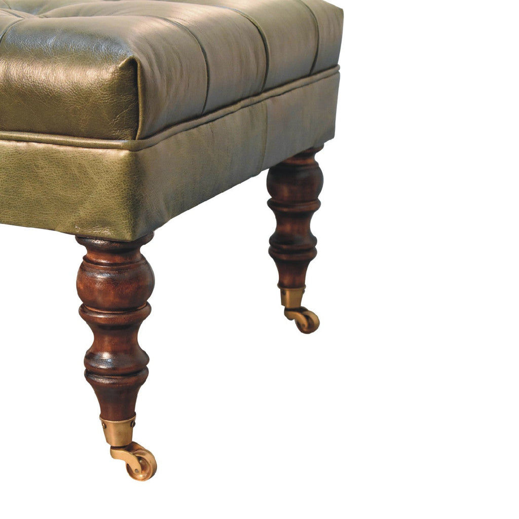 Green Buffalo Leather Ottoman – Button Tufting & Light Walnut Castor Legs