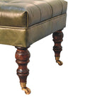 Green Buffalo Leather Ottoman – Button Tufting & Light Walnut Castor Legs