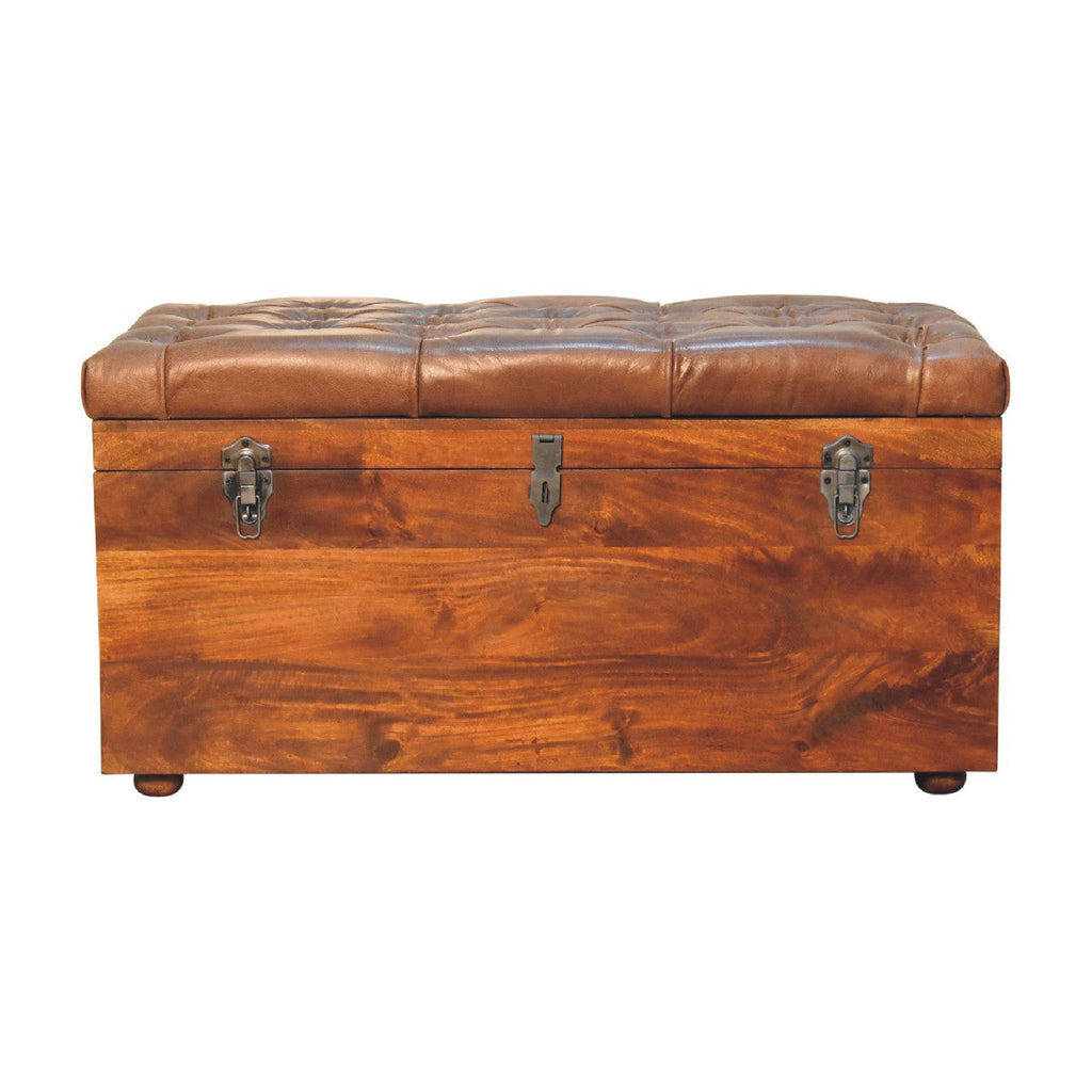 Buffalo Leather & Solid Mango Wood Storage Trunk – Chestnut Finish
