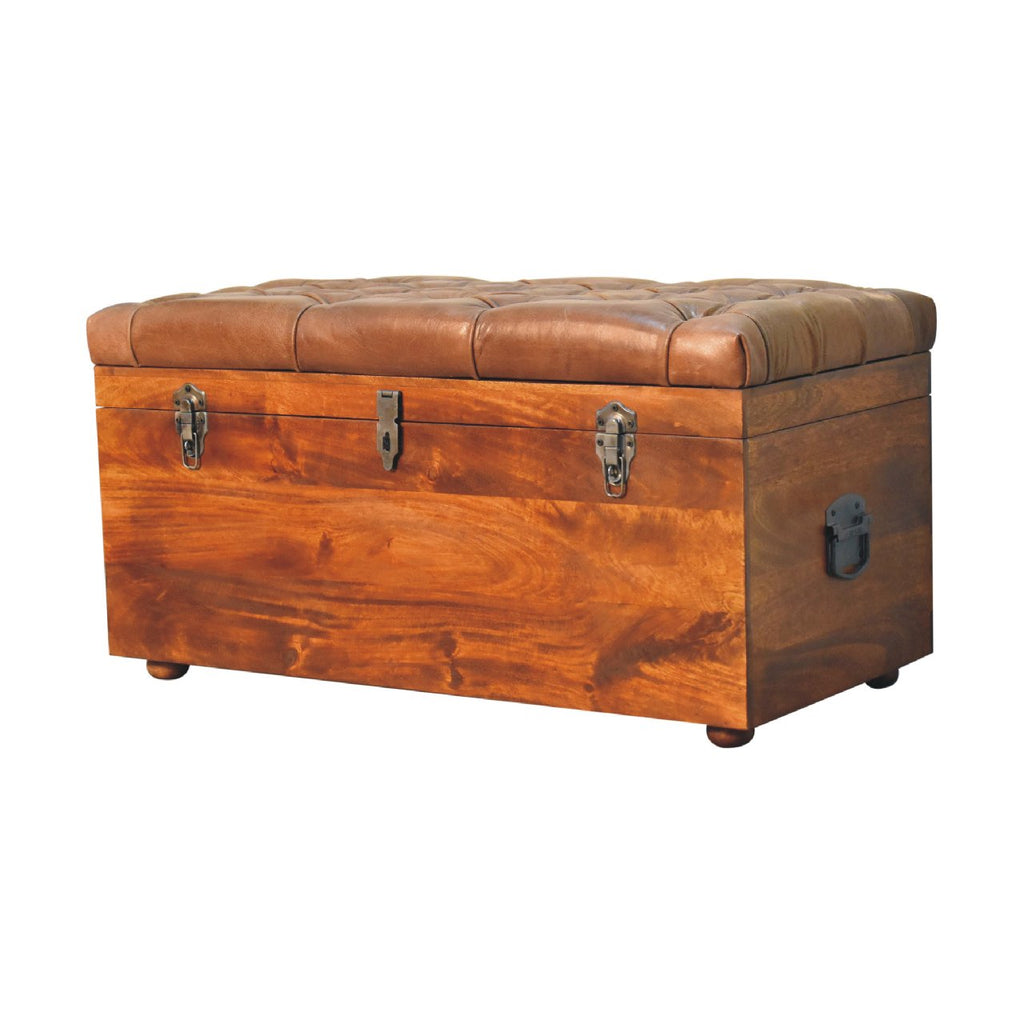 Buffalo Leather & Solid Mango Wood Storage Trunk – Chestnut Finish