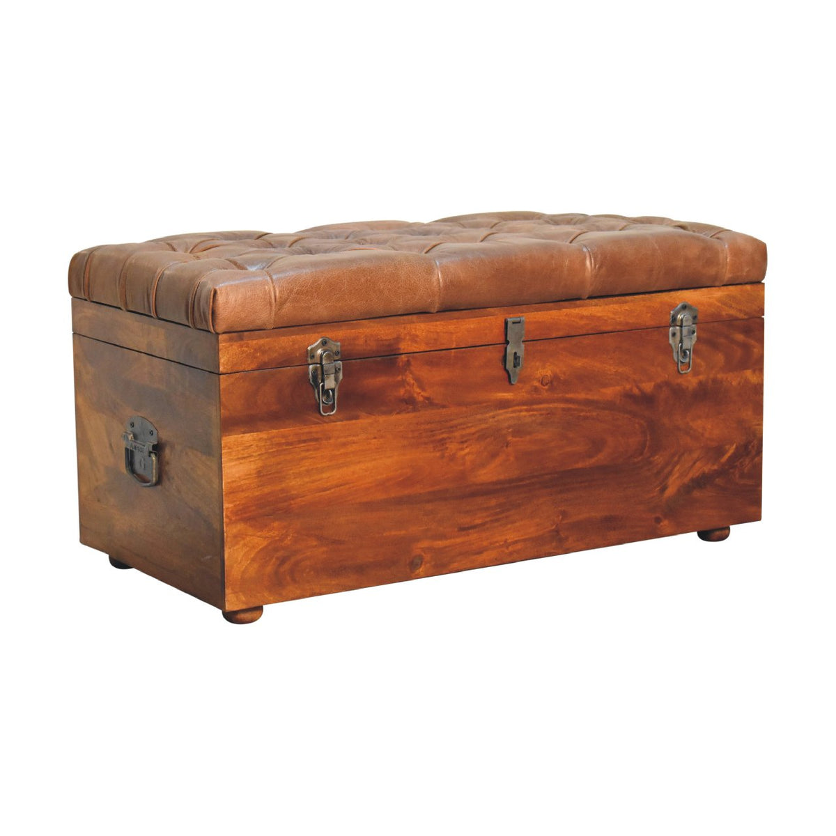 Buffalo Leather & Solid Mango Wood Storage Trunk – Chestnut Finish