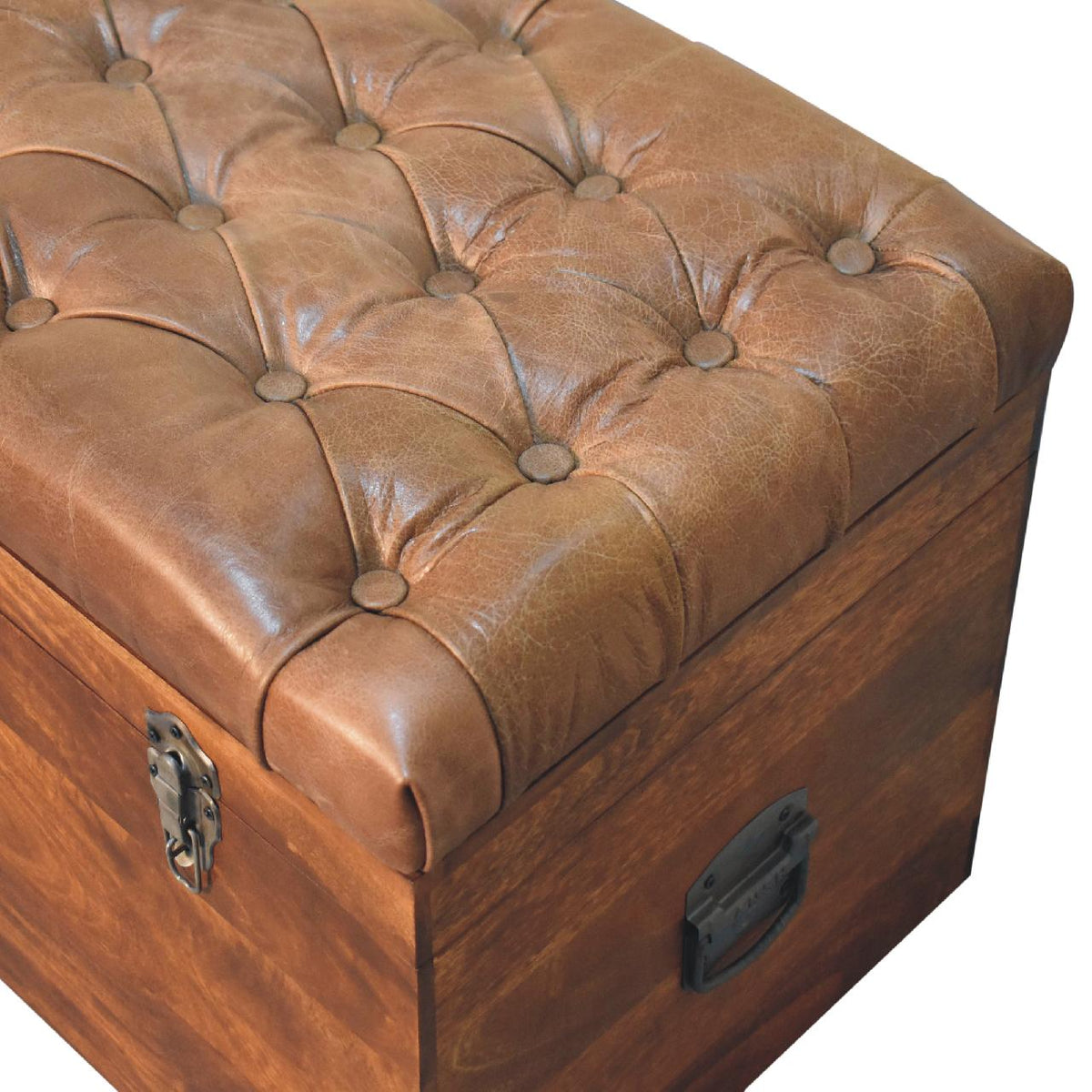 Buffalo Leather & Solid Mango Wood Storage Trunk – Chestnut Finish