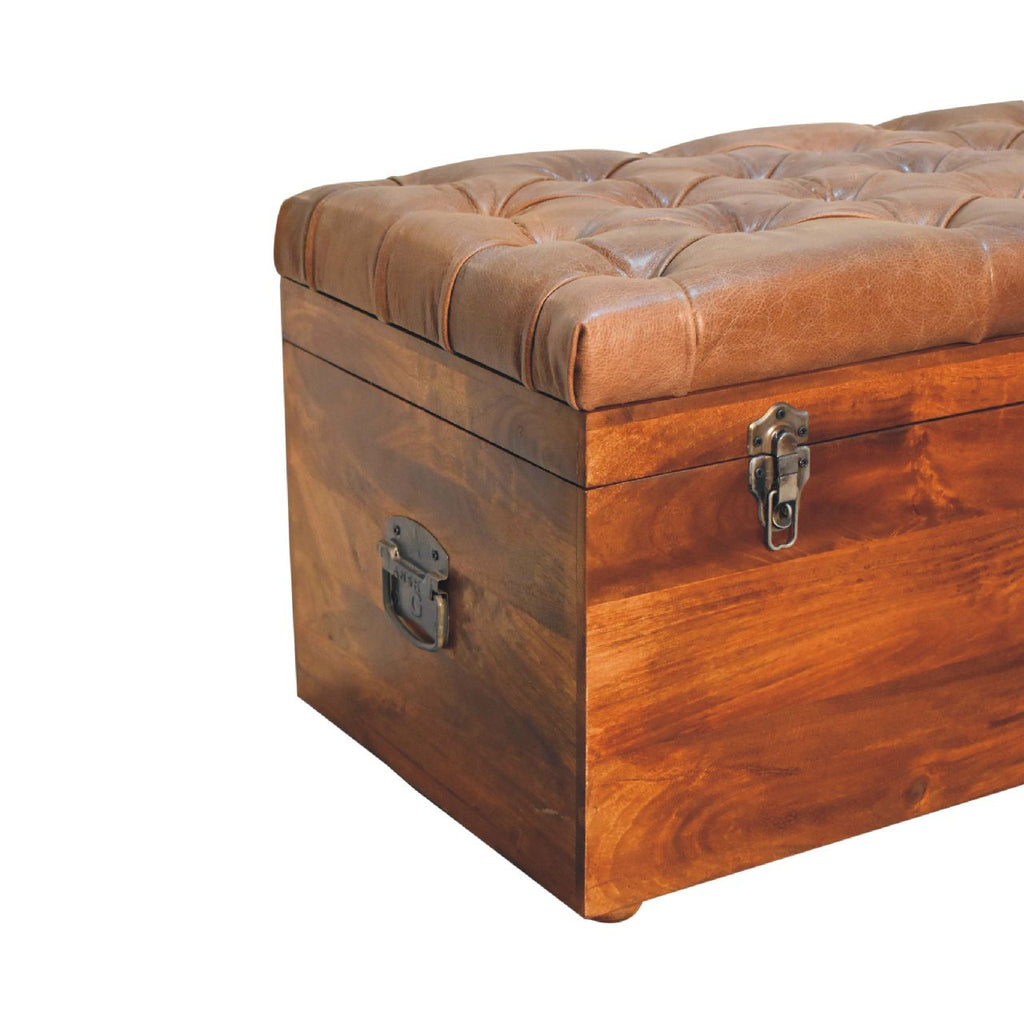 Buffalo Leather & Solid Mango Wood Storage Trunk – Chestnut Finish