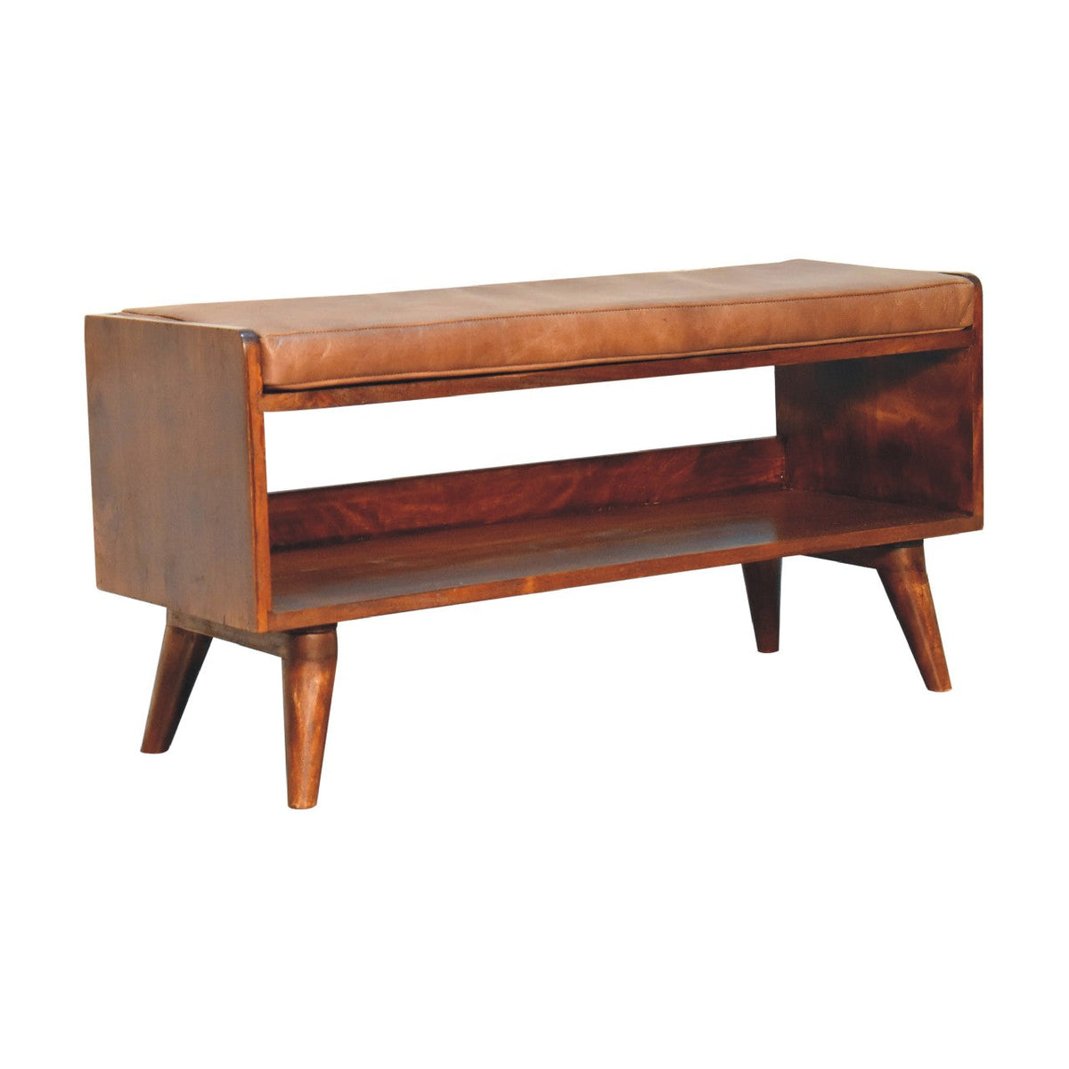 Bench with Brown Leather Seatpad – Chestnut Finish