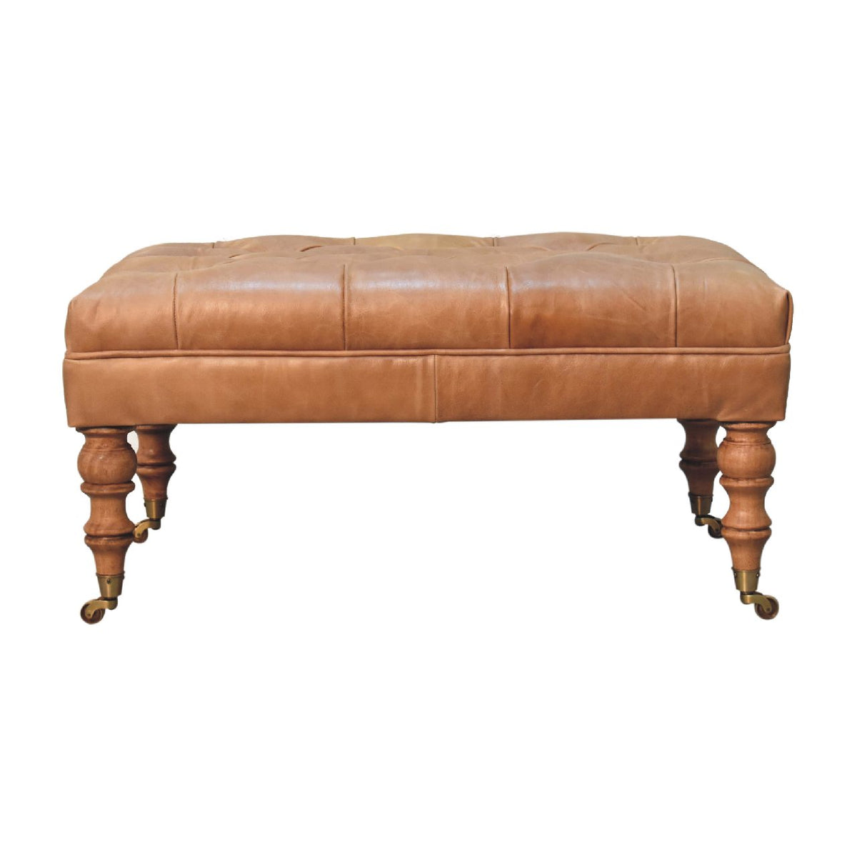 Buffalo Tan Leather Ottoman with Castor Legs – Light Walnut Finish